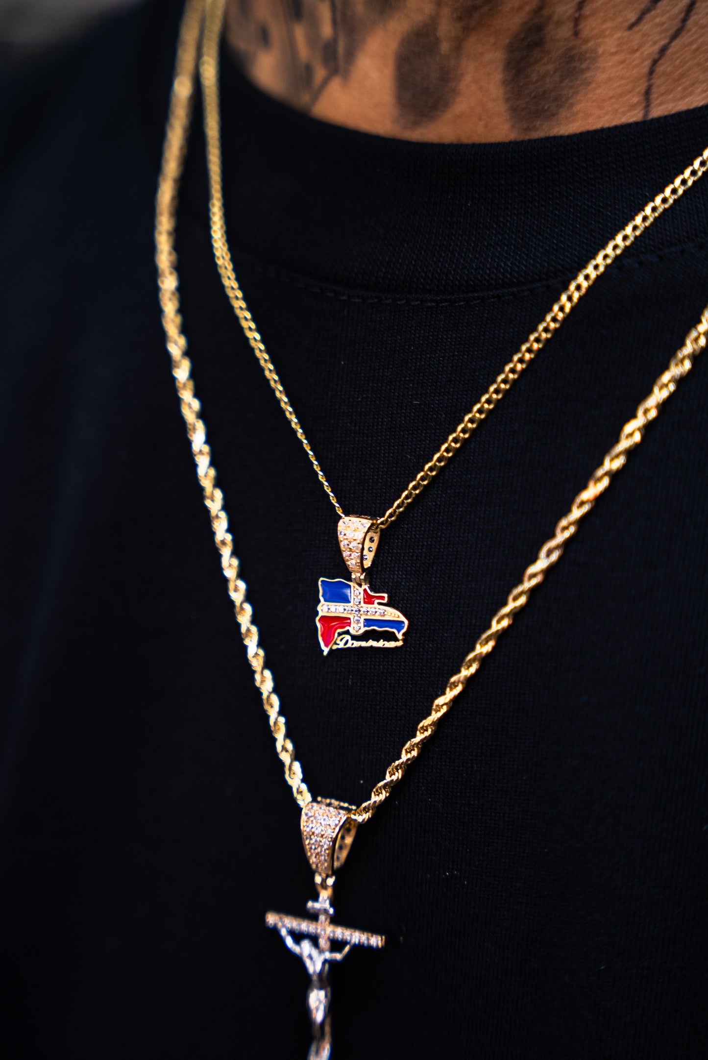 14K HOLLOW ROPE AND CUBAN CHAIN WITH RD AND CROSS PENDANT