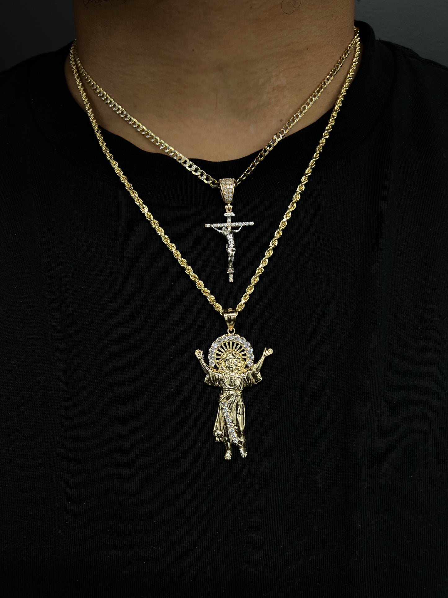 14k HOLLOW CUBAN WITH CROSS PENDANT + HOLLOW ROPE CHAIN WITH DIVINO NIÑO PENDANT