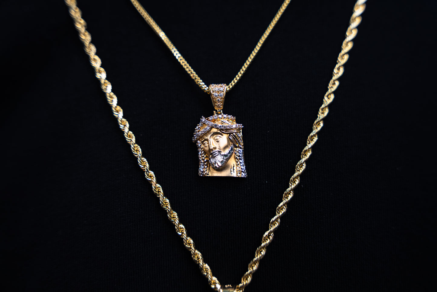 14K HOLLOW ROPE CHAIN + SAN MIGUEL PENDANT WITH HOLLOW FRANCO + JESUS PENDANT