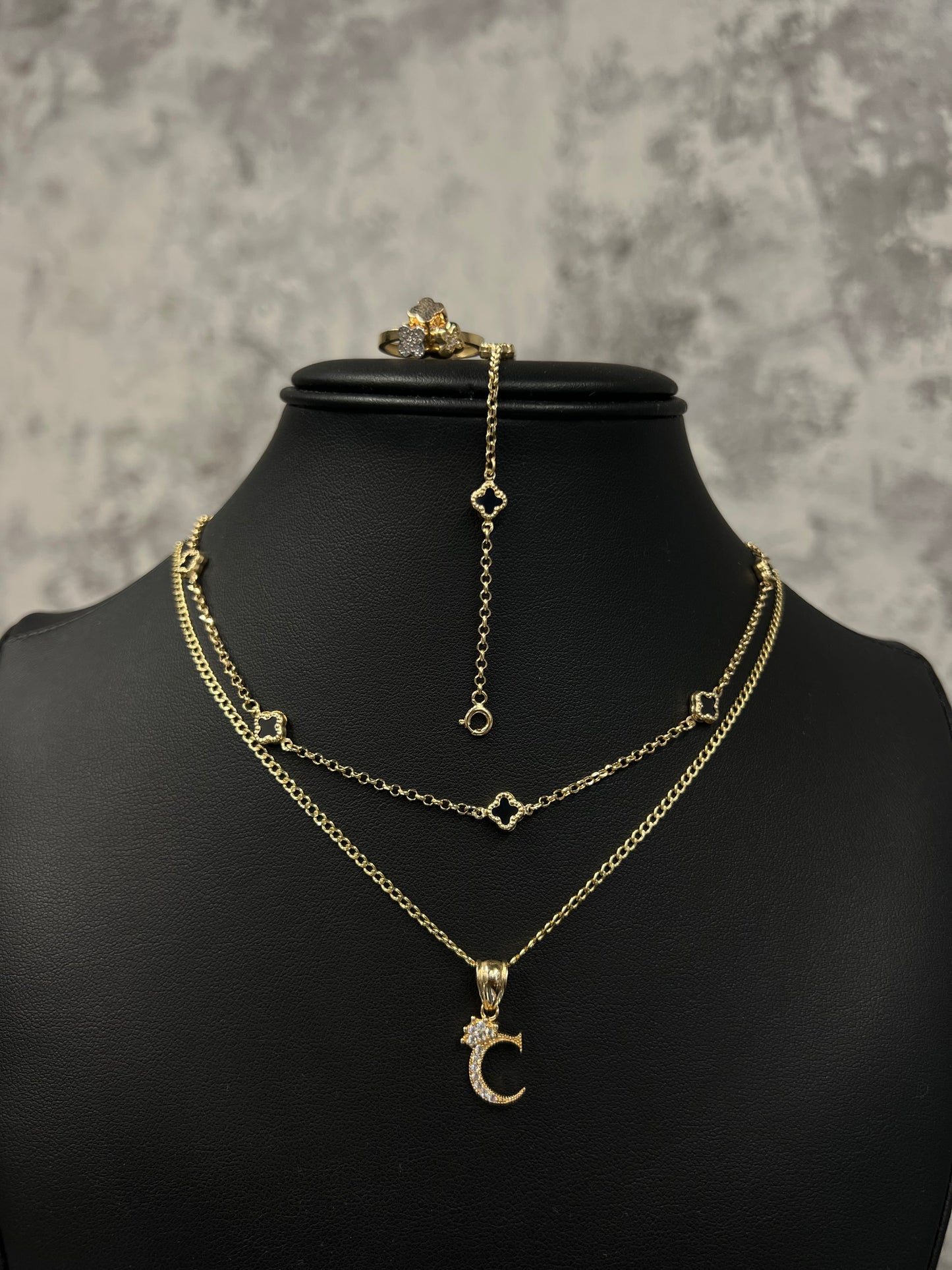 14K HOLLOW CUBAN CHAIN + CHOKER AND BRACELET BLACK TREBOL +LUXURY RING AND CUBIC INITIAL PENDANT