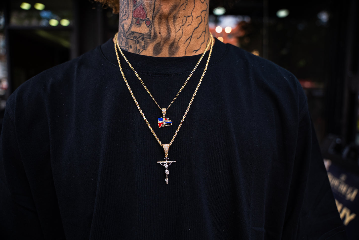 14K HOLLOW ROPE AND CUBAN CHAIN WITH RD AND CROSS PENDANT
