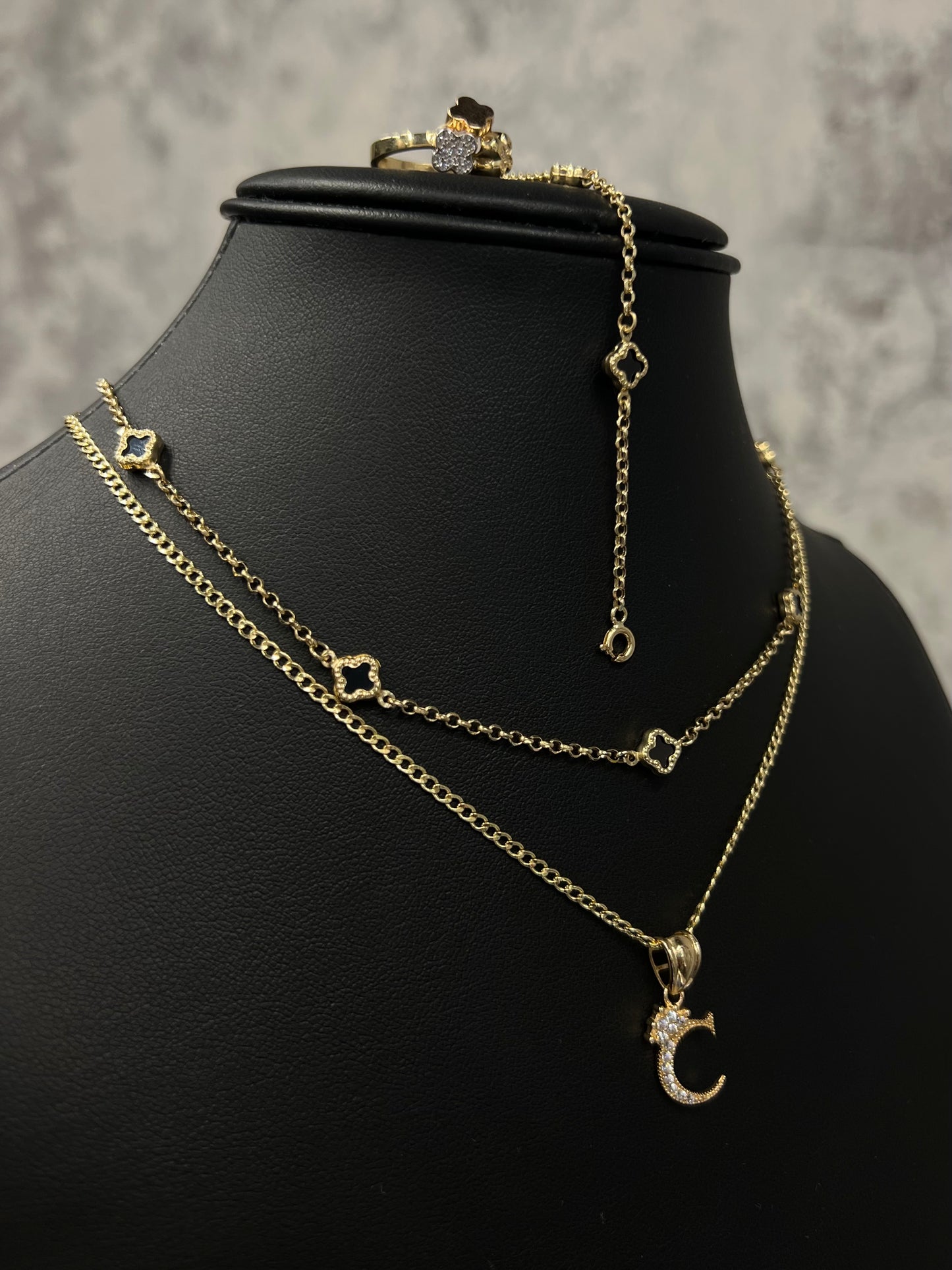 14K HOLLOW CUBAN CHAIN + CHOKER AND BRACELET BLACK TREBOL +LUXURY RING AND CUBIC INITIAL PENDANT