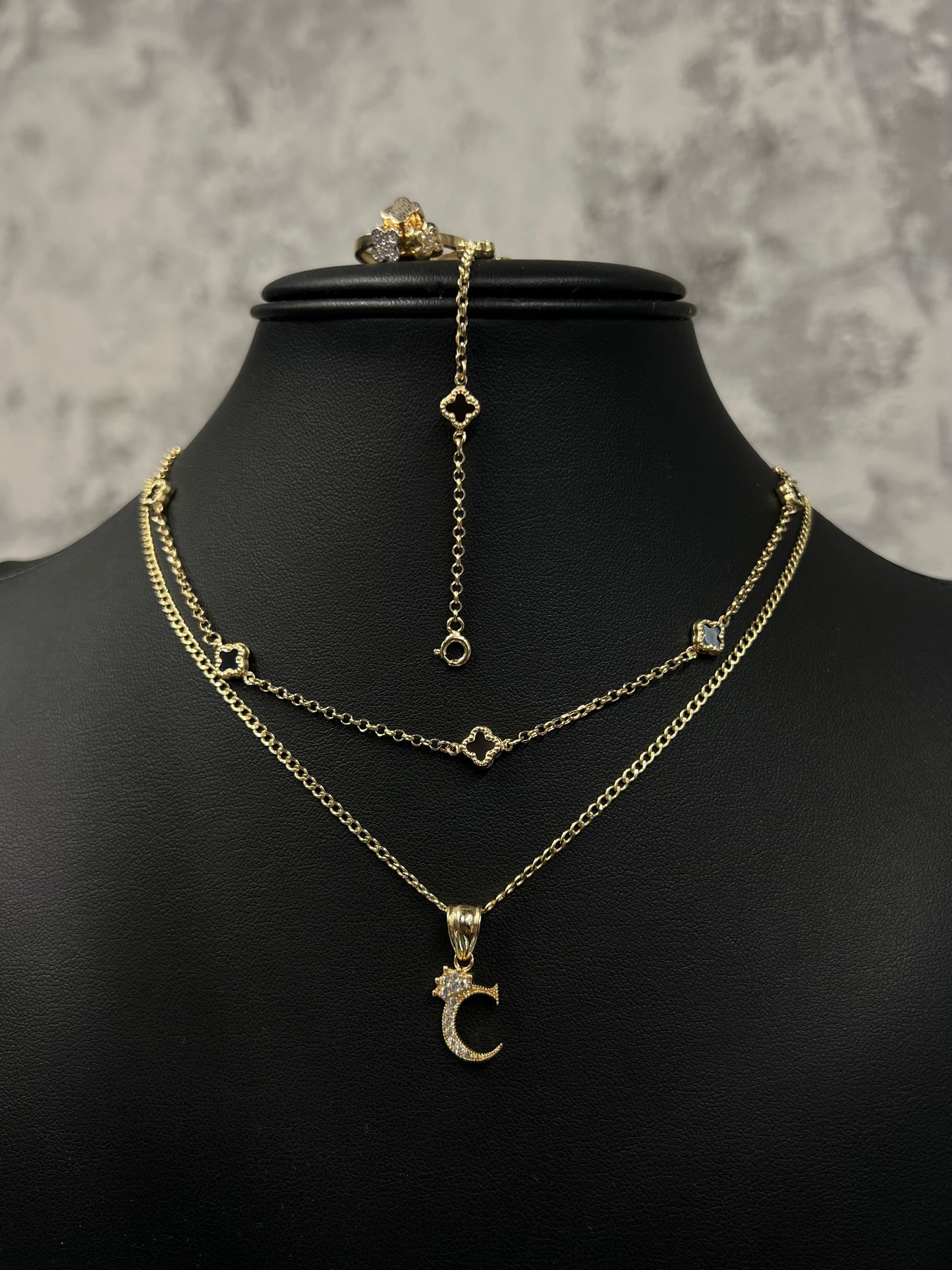 14K HOLLOW CUBAN CHAIN + CHOKER AND BRACELET BLACK TREBOL +LUXURY RING AND CUBIC INITIAL PENDANT