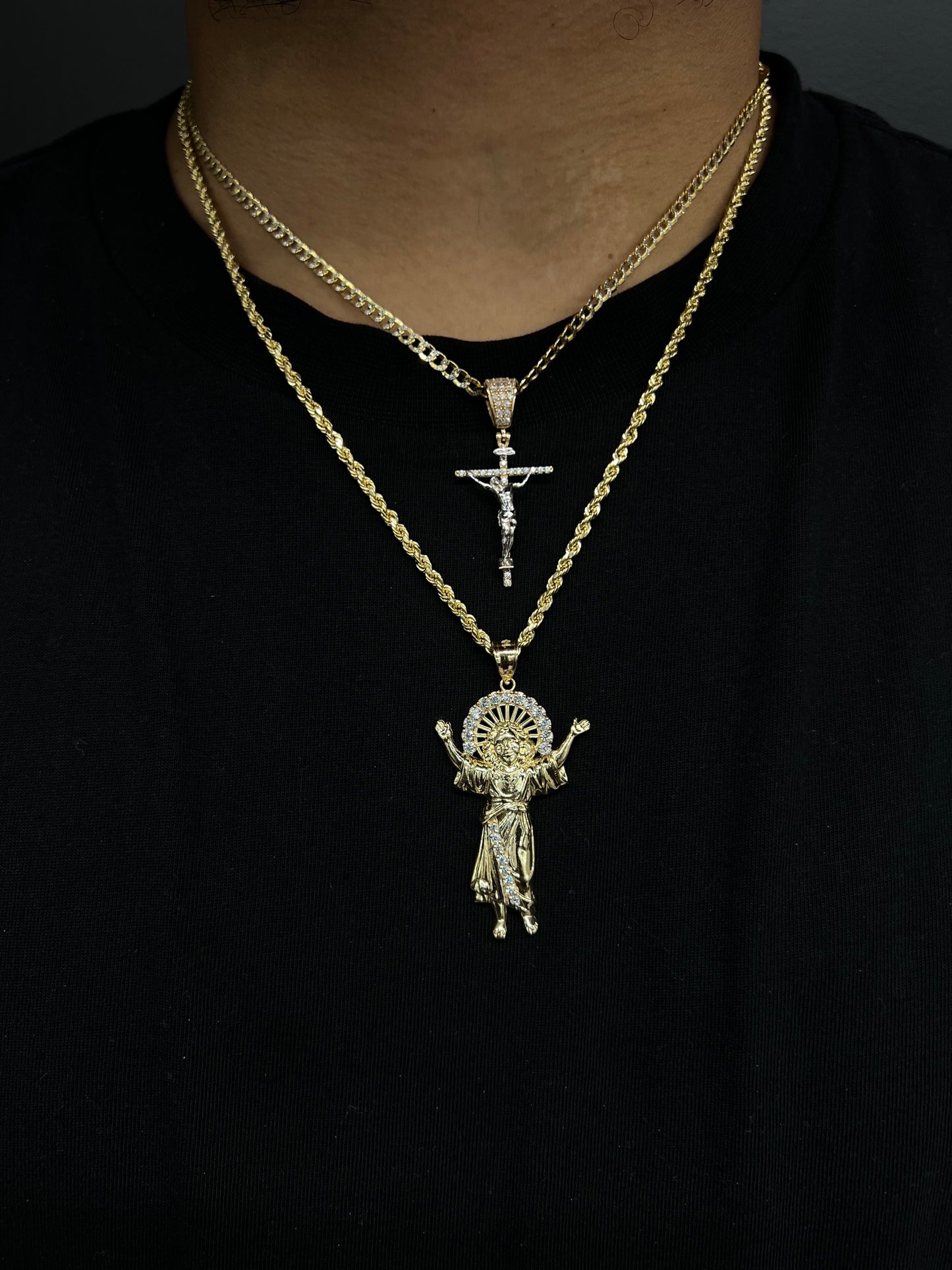 14k HOLLOW CUBAN WITH CROSS PENDANT + HOLLOW ROPE CHAIN WITH DIVINO NIÑO PENDANT