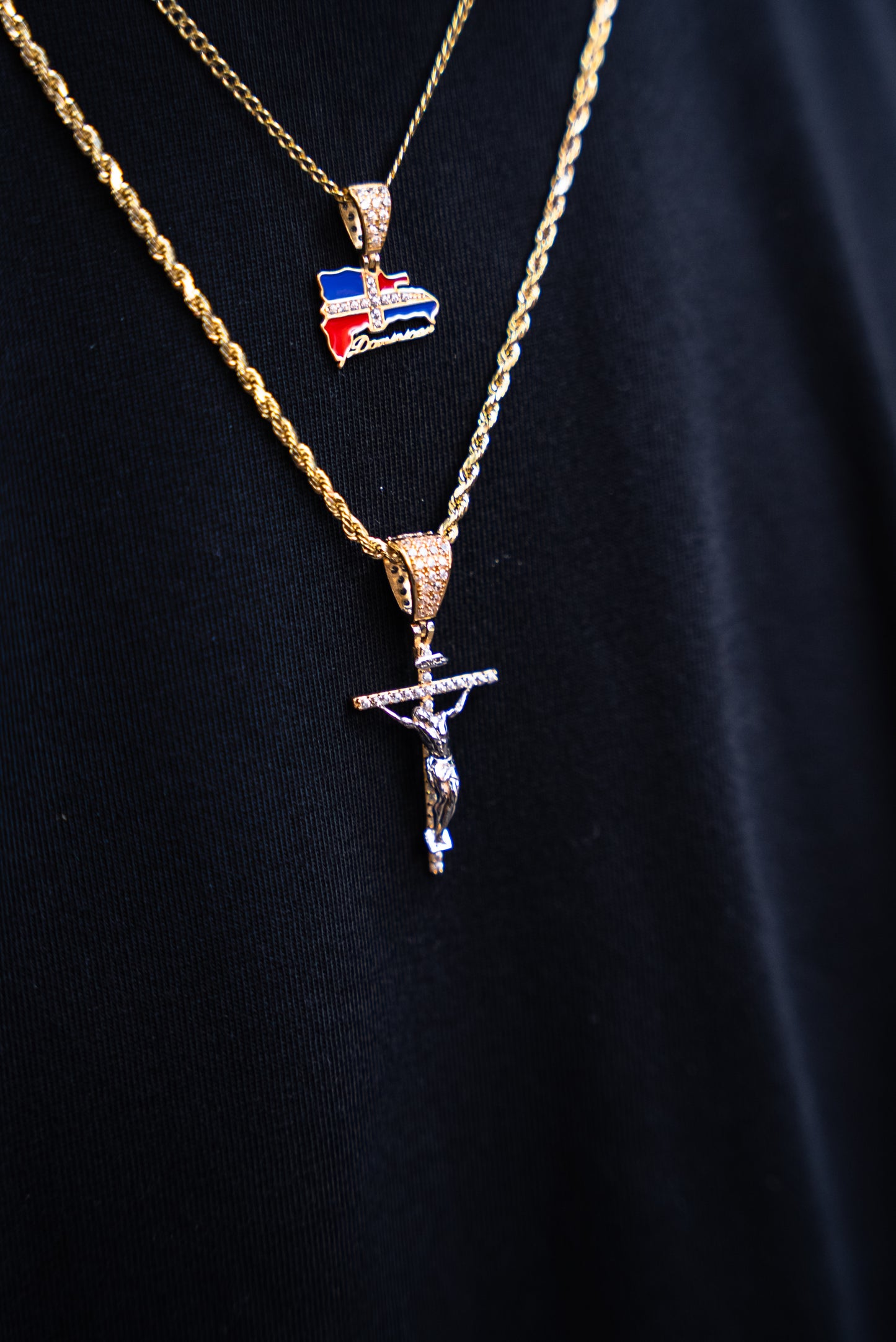 14K HOLLOW ROPE AND CUBAN CHAIN WITH RD AND CROSS PENDANT