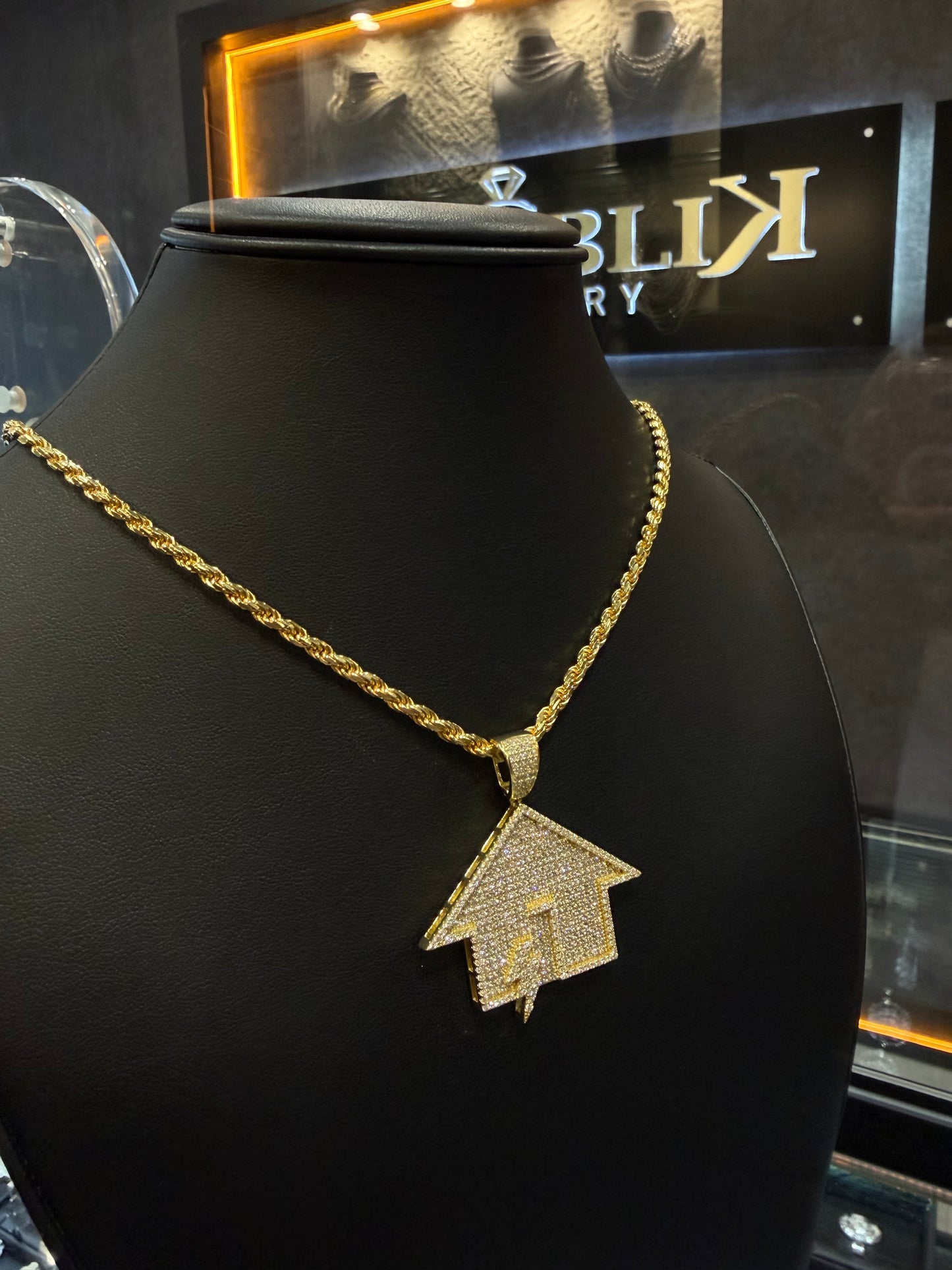925 TRAP HOUSE PENDANT + SOLID ROPE CHAIN YELLOW GOLDPLATED