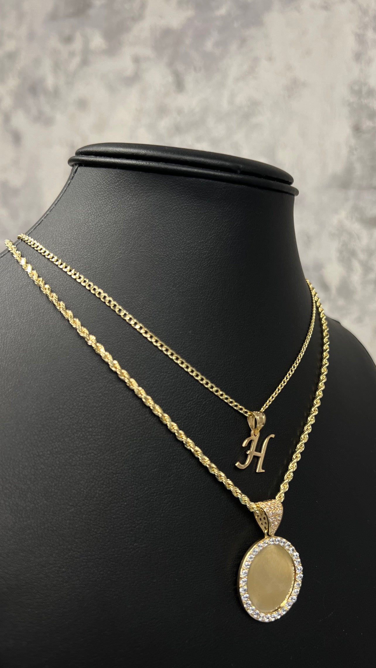 14K HOLLOW CUBAN CHAIN WITH INITIAL PENDANT AND HOLLOW ROPE CHAIN WITH PICTURE PENDANT