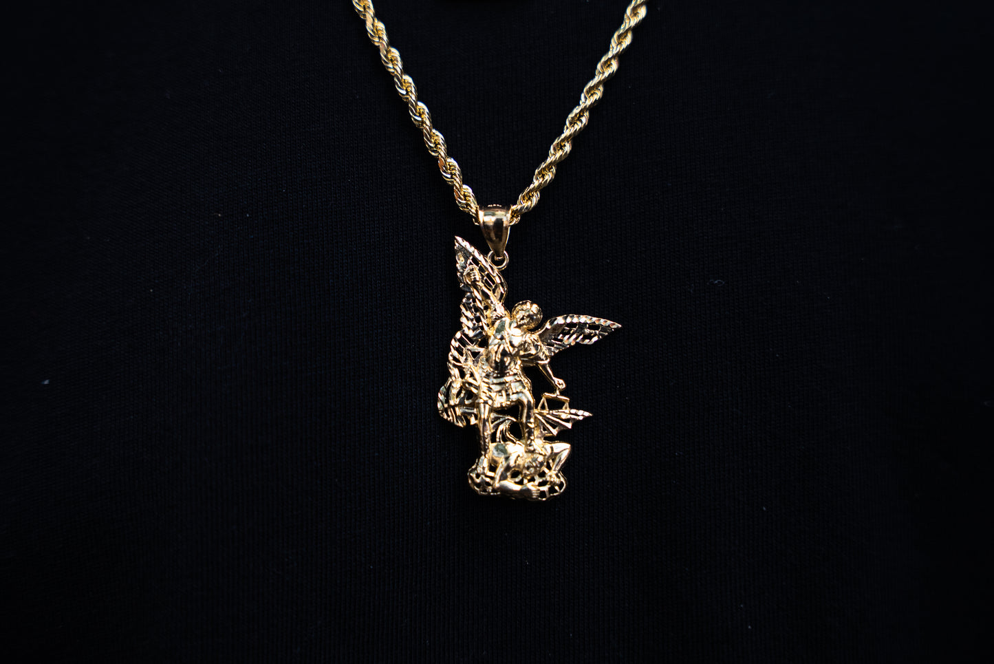 14K HOLLOW ROPE CHAIN + SAN MIGUEL PENDANT WITH HOLLOW FRANCO + JESUS PENDANT