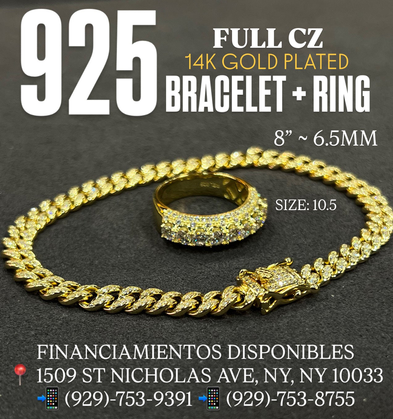 925 SOLID CUBAN BRACELET AND RING FULL CZ