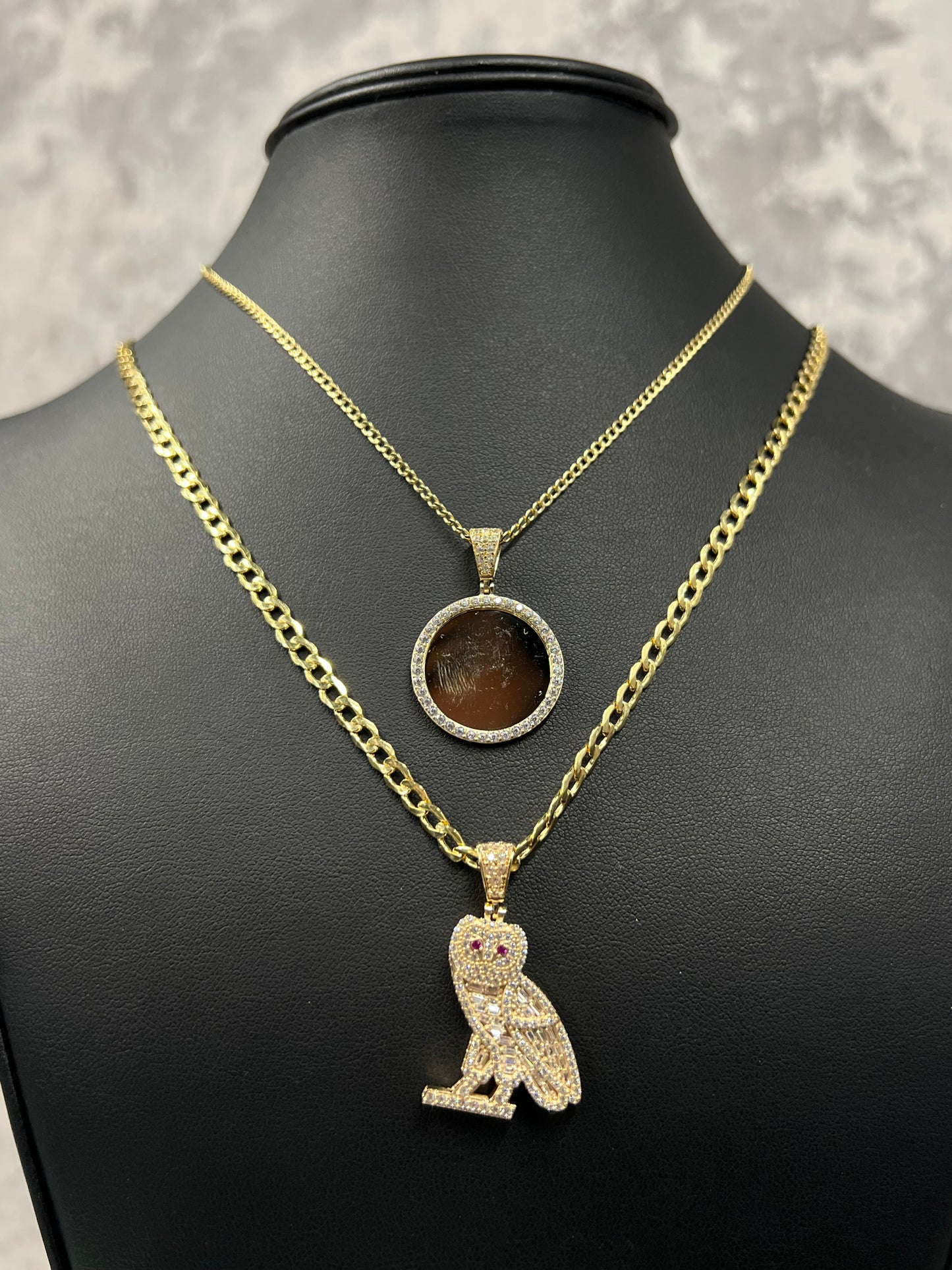 14K SET HOLLOW CUBAN WITH PHOTO PENDANT AND OWL PENDANT