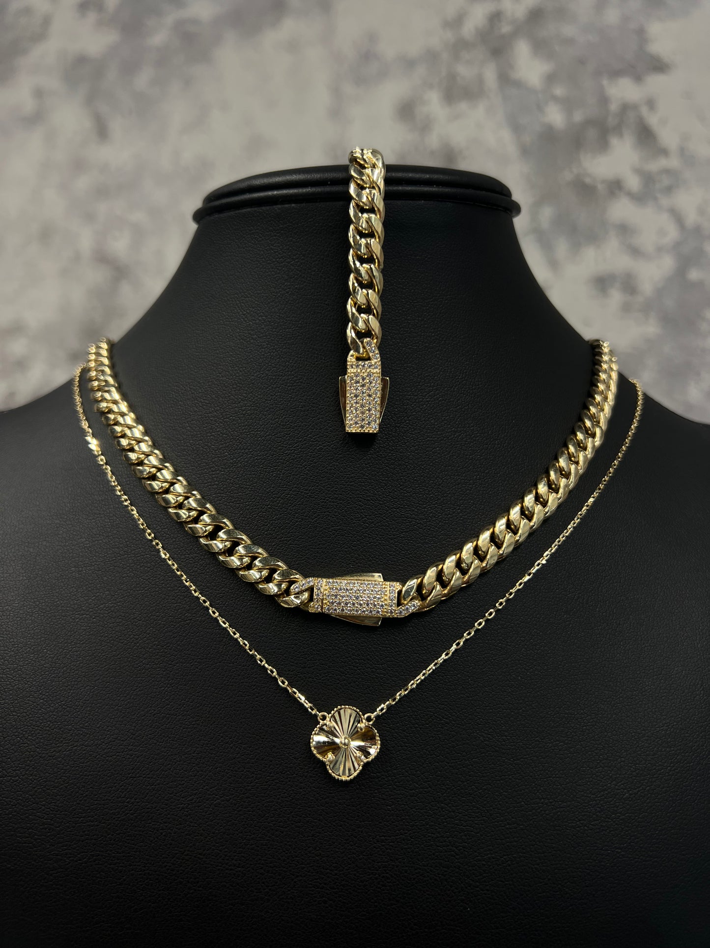 14K HOLLOW CHOCKER 7.5MM, BRACELET 7.5MM AND LUXURY TREBOL NECKLACE