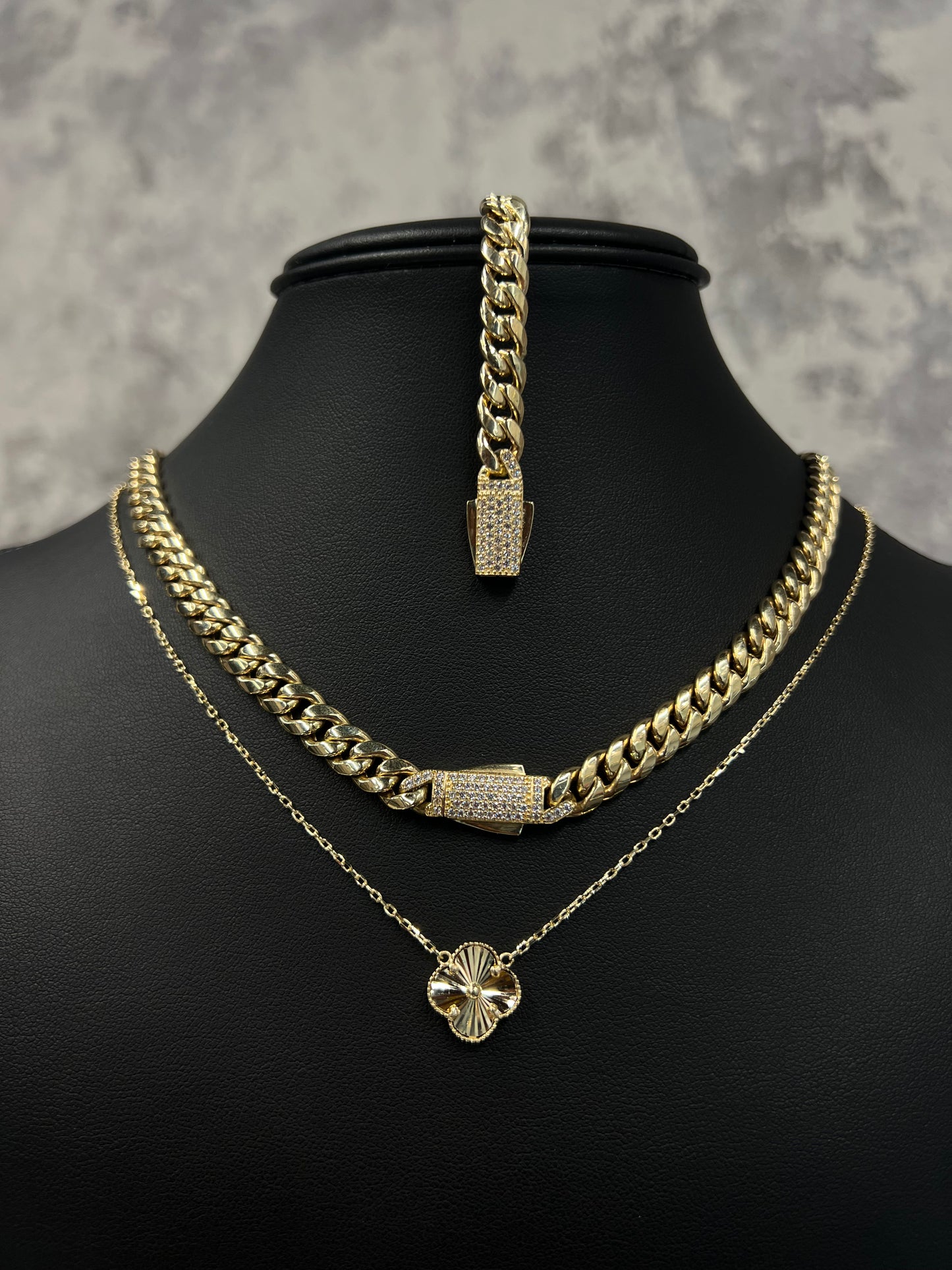 14K HOLLOW CHOCKER 7.5MM, BRACELET 7.5MM AND LUXURY TREBOL NECKLACE