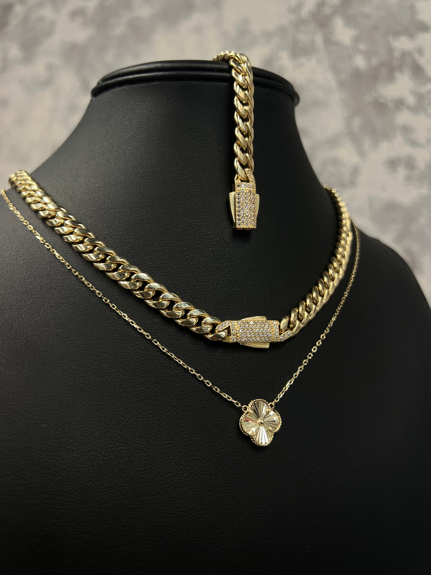 14K HOLLOW CHOCKER 7.5MM, BRACELET 7.5MM AND LUXURY TREBOL NECKLACE