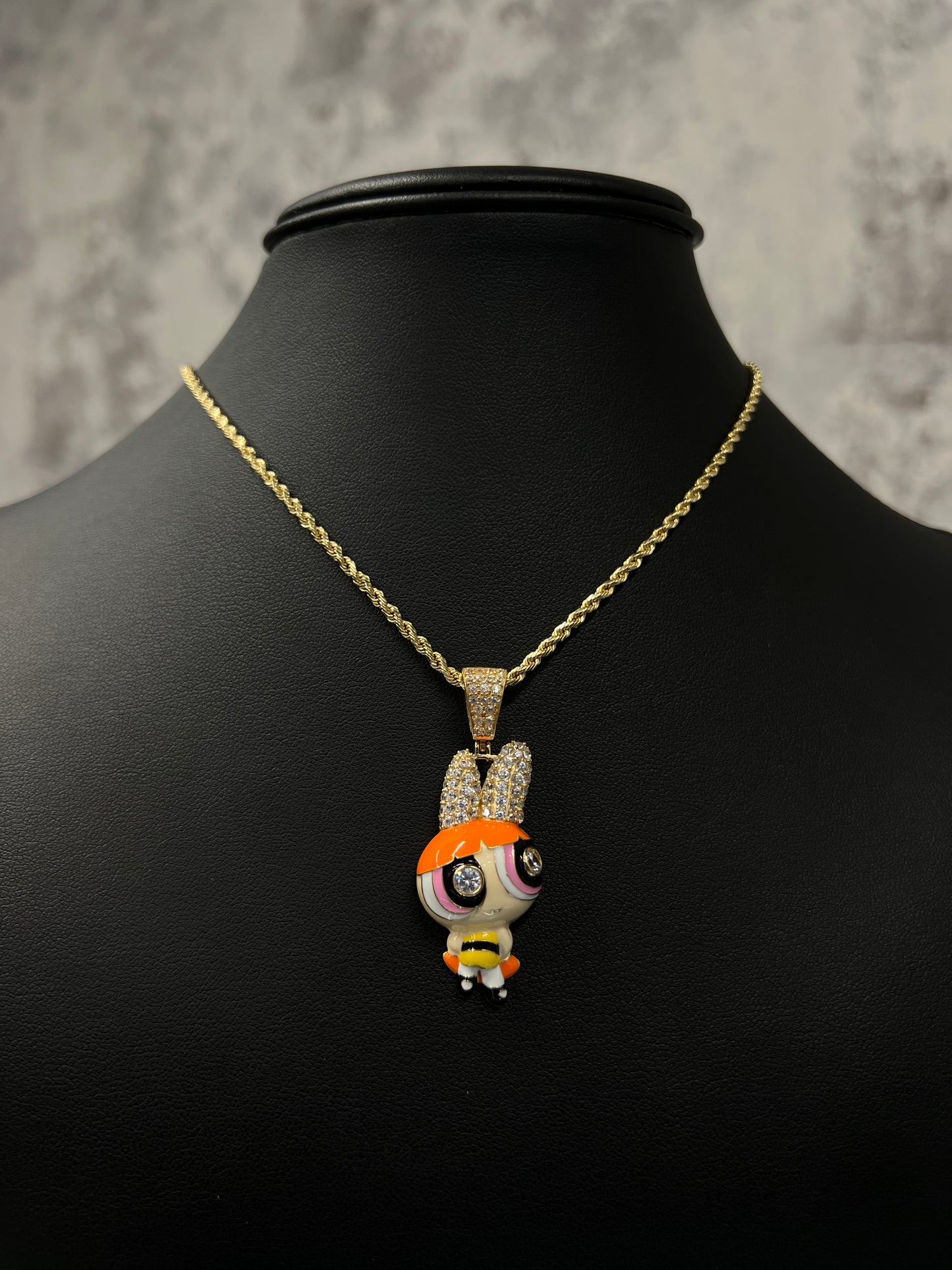 14K HOLLOW ROPE CHAIN WITH POWERPUFF GIRL PENDANT