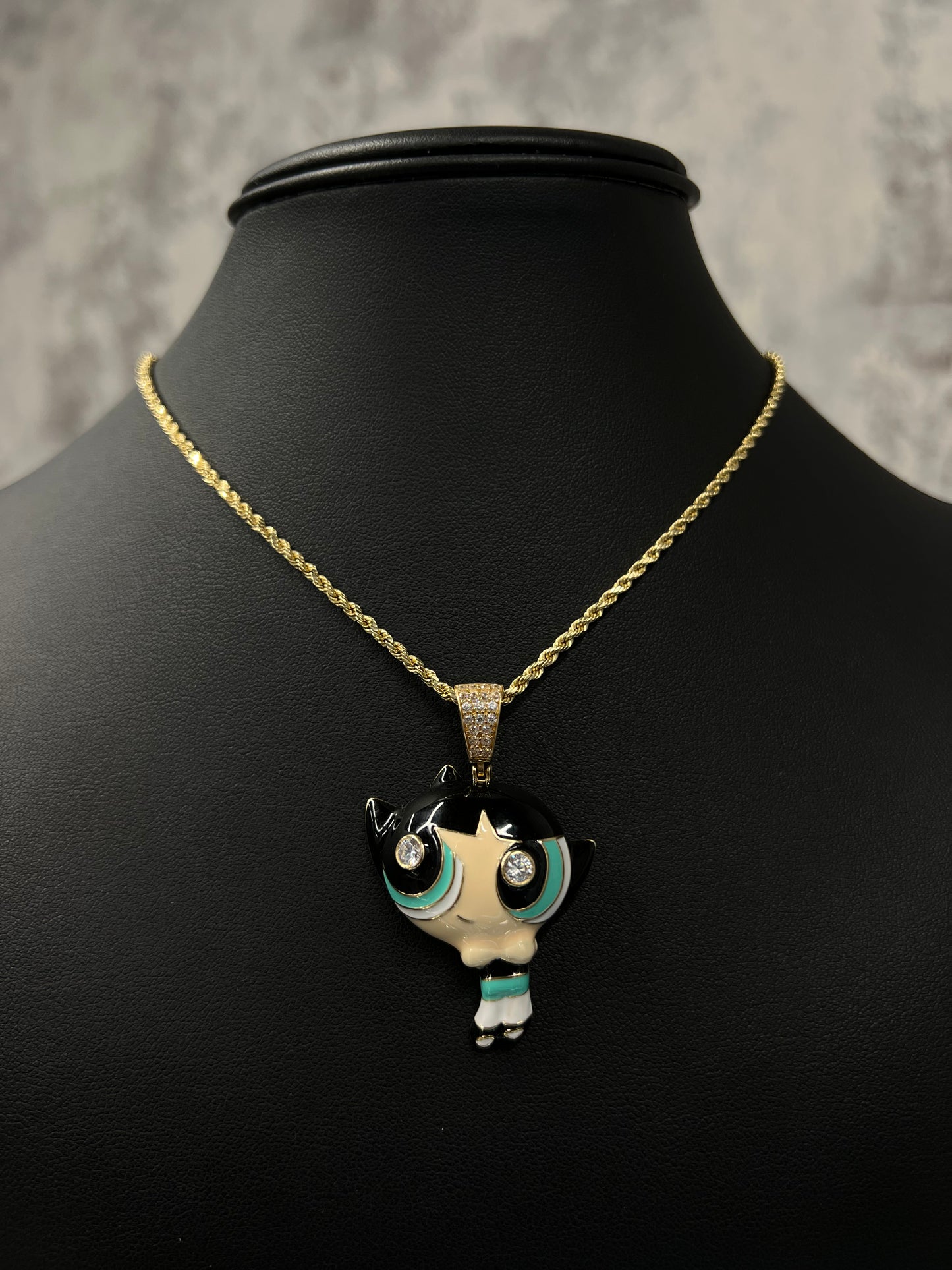 14K HOLLOW ROPE CHAIN WITH POWERPUFF GIRL PENDANT