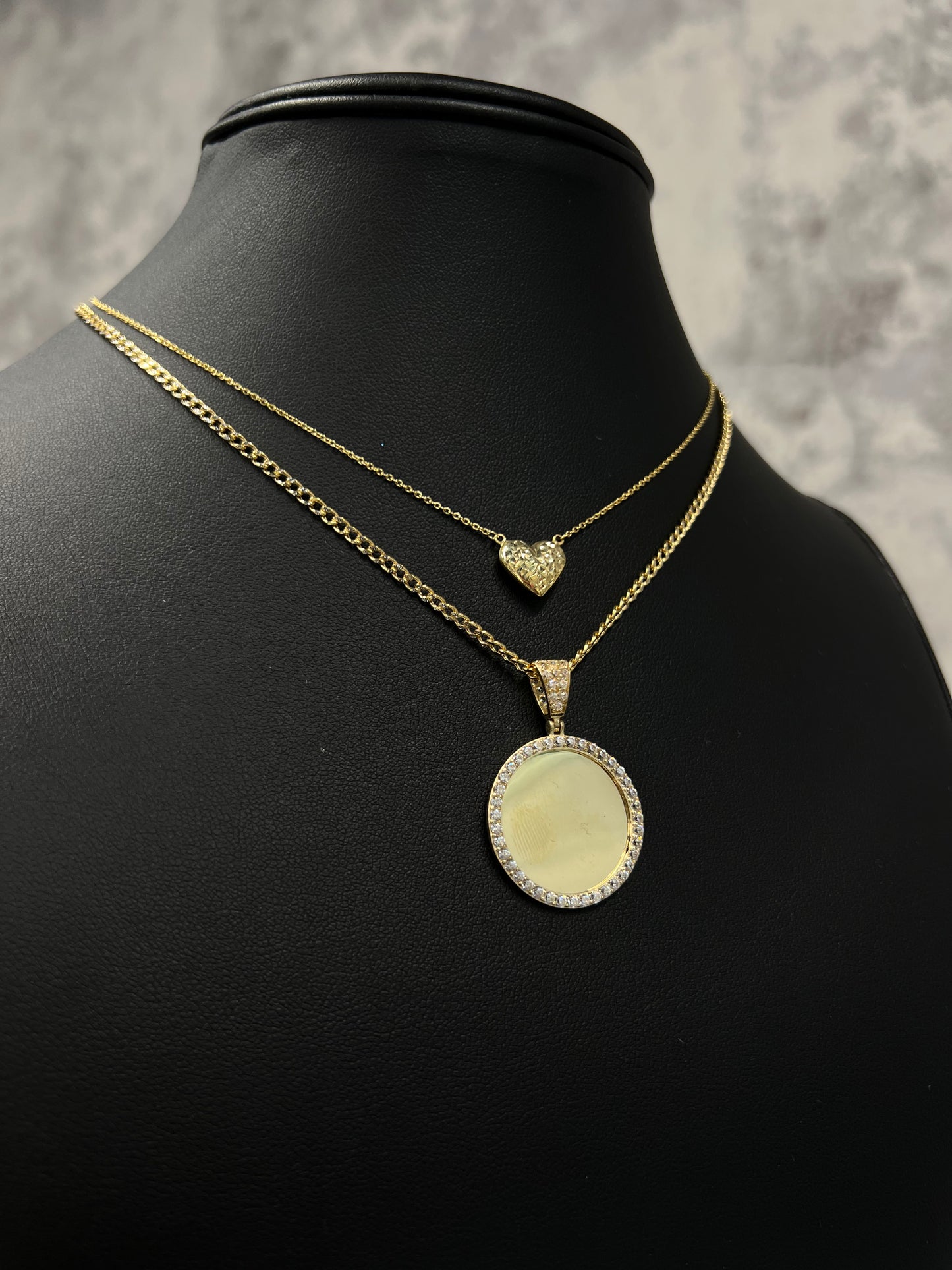 14K HEART NECKLACE, HOLLOW CUBAN CHAIN 2 TONES WITH PICTURE PENDANT