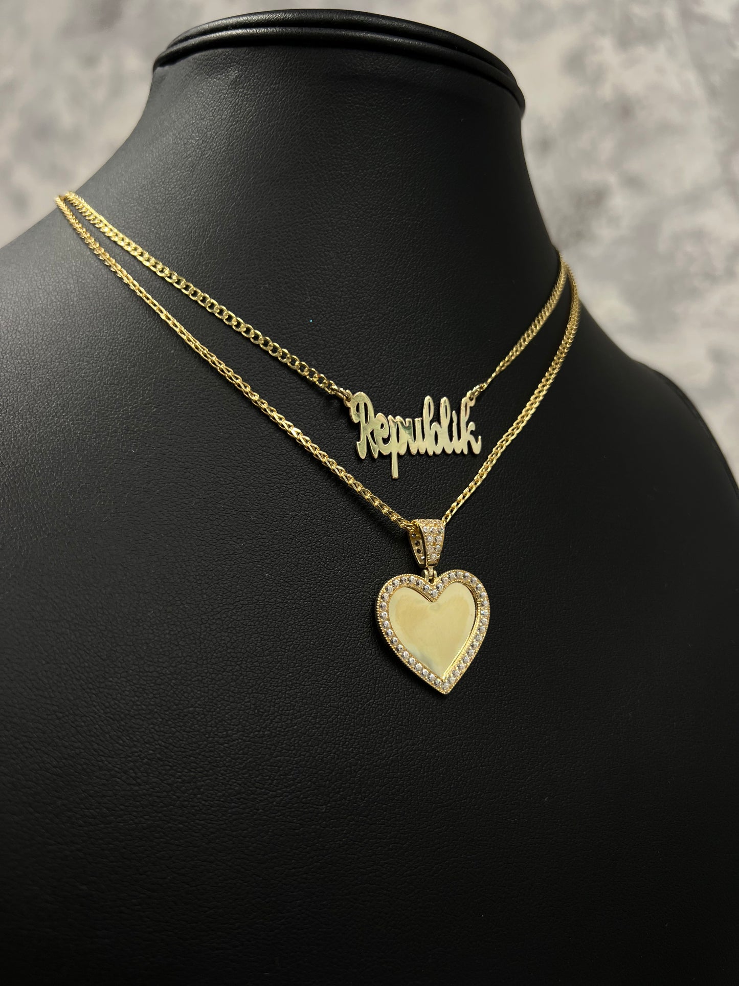 14K HOLLOW CUBAN CHAIN WITH CUSTOMIZE NAME PENDANT AND FRANCO CHAIN WITH HEART “ PIC” PENDANT