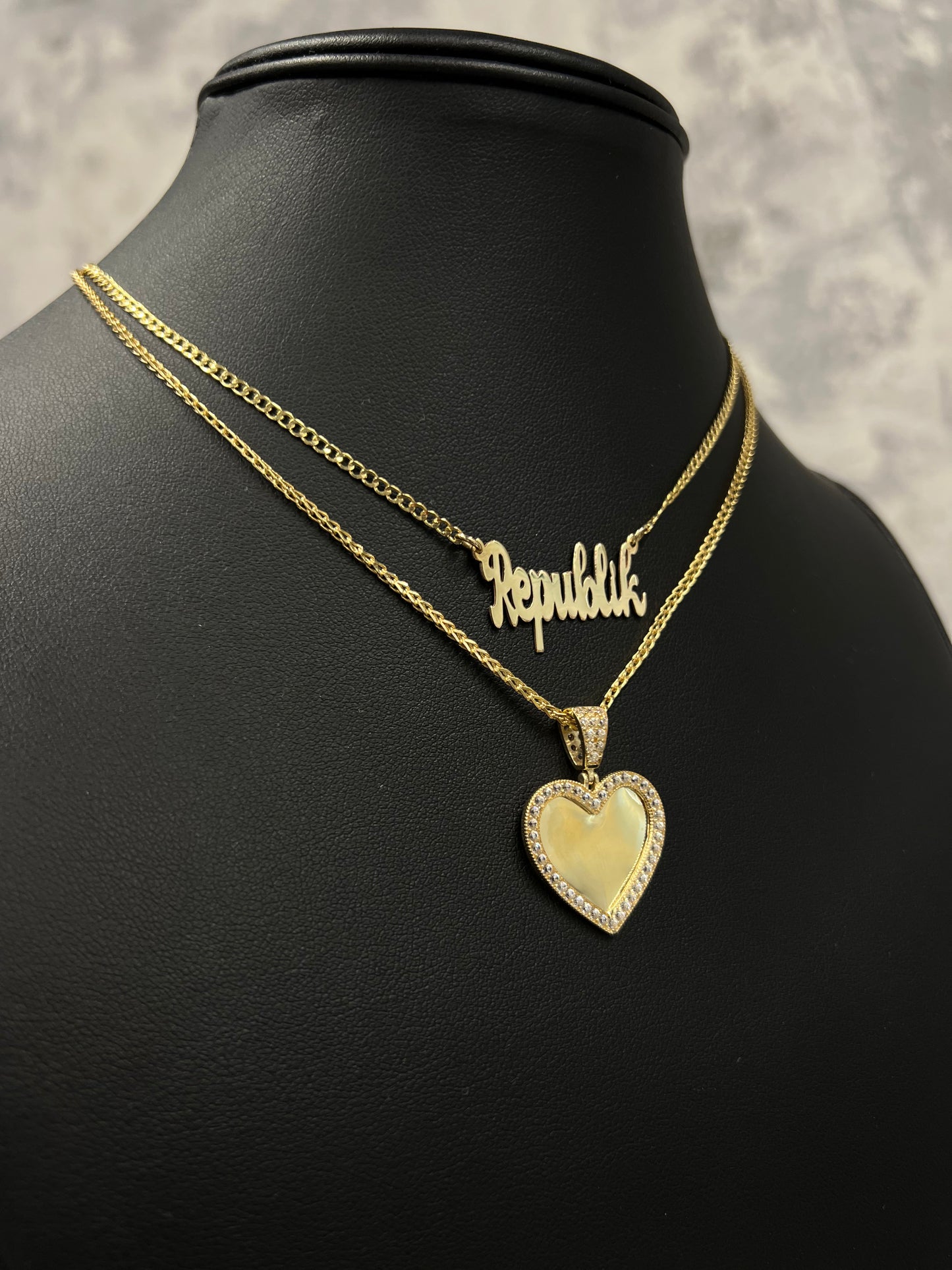 14K HOLLOW CUBAN CHAIN WITH CUSTOMIZE NAME PENDANT AND FRANCO CHAIN WITH HEART “ PIC” PENDANT
