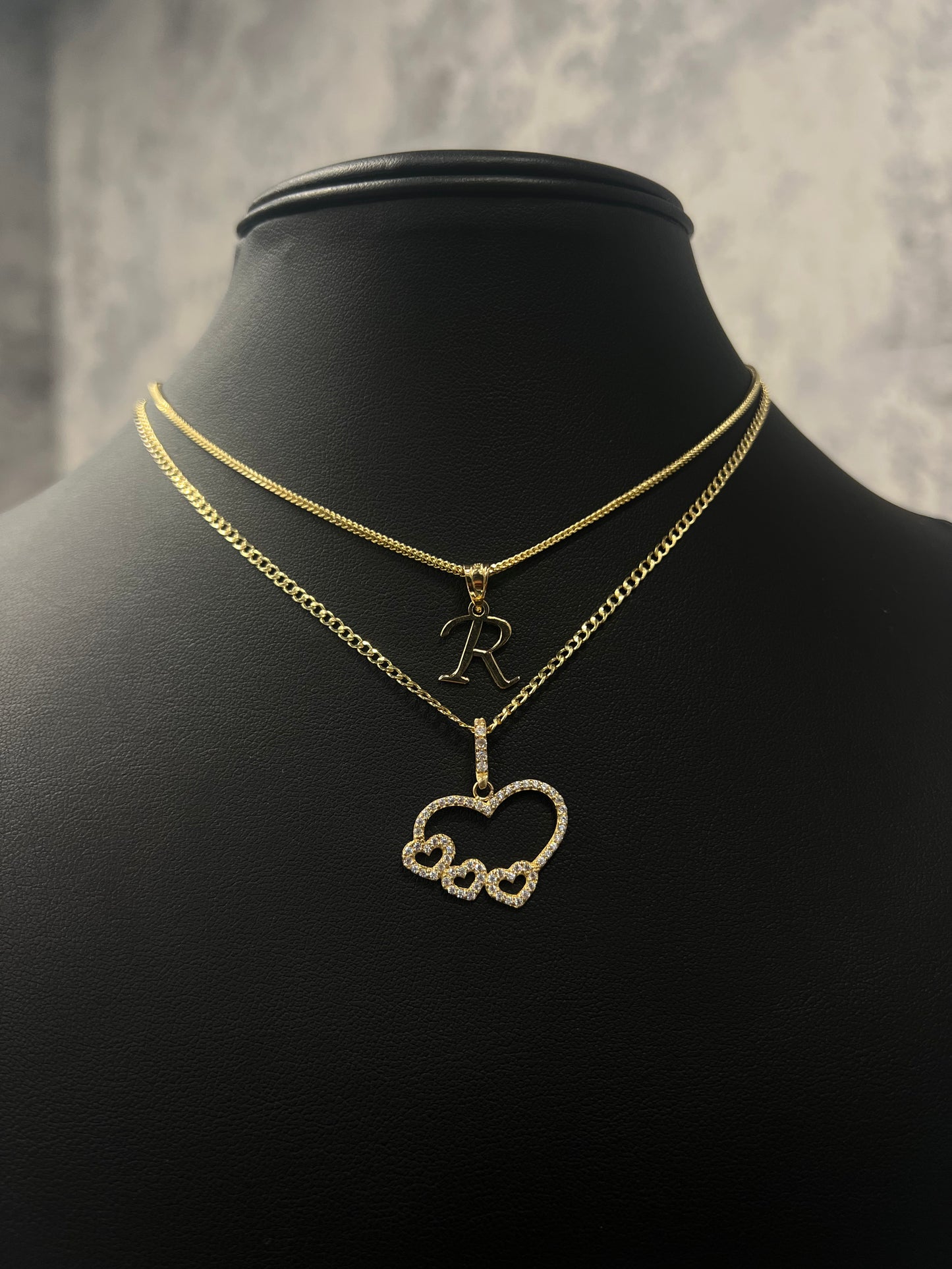14K SET FRANCO CHAIN WITH INITIAL PENDANT & HOLLOW CUBAN CHAIN WITH HEART PENDANT