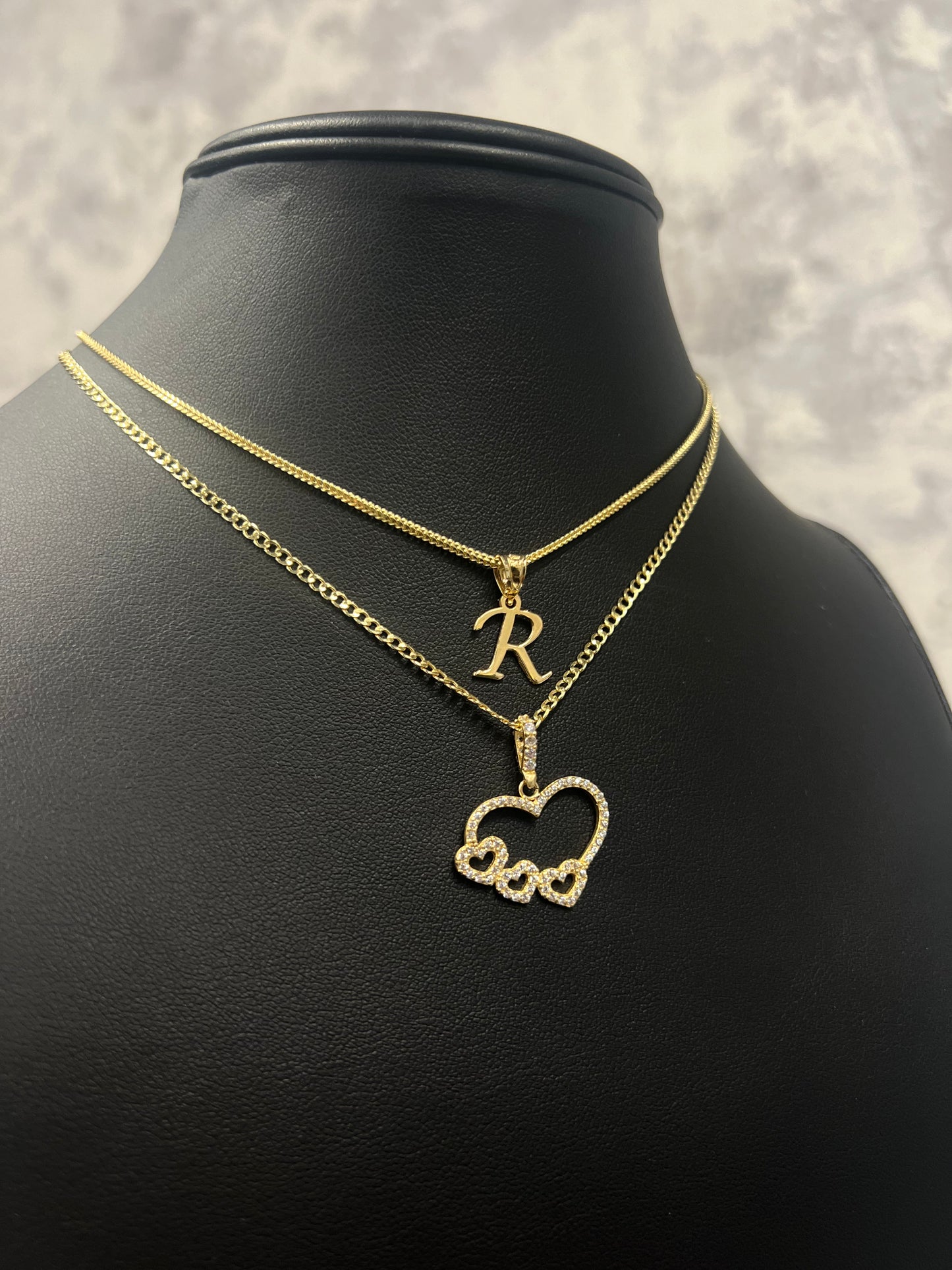 14K SET FRANCO CHAIN WITH INITIAL PENDANT & HOLLOW CUBAN CHAIN WITH HEART PENDANT