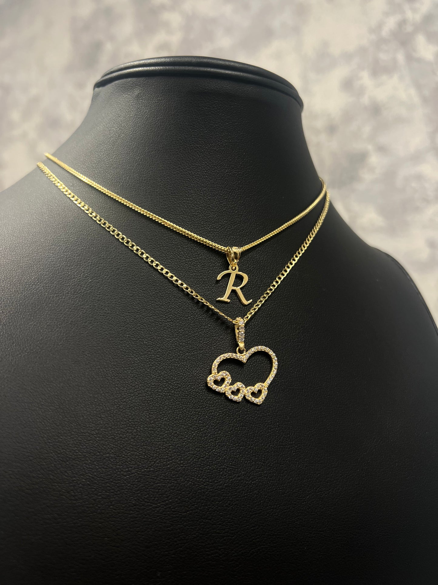 14K SET FRANCO CHAIN WITH INITIAL PENDANT & HOLLOW CUBAN CHAIN WITH HEART PENDANT
