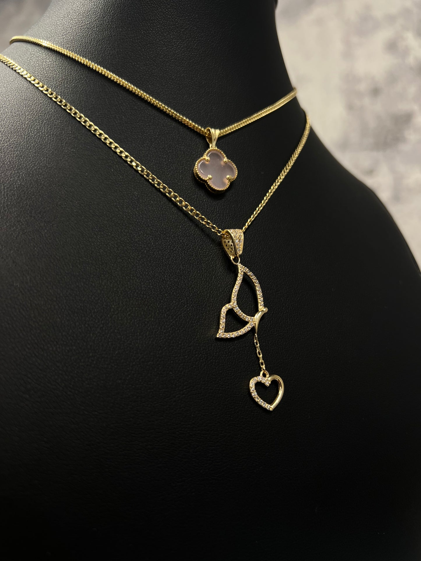 14K FRANCO CHAIN WITH TREBOL PENDANT AND HOLLOW CUBAN CHAIN WITH BUTTERFLY PENDANT