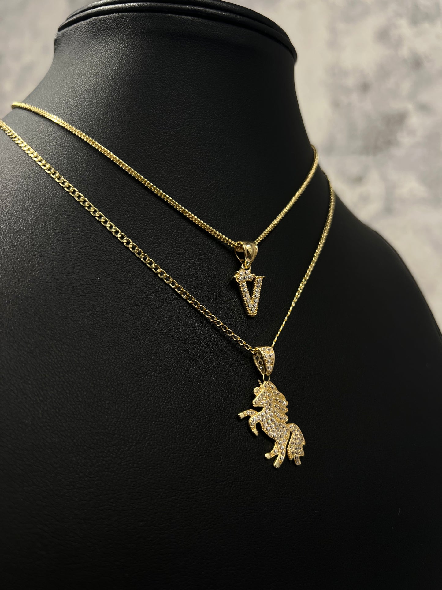 14K SET FRANCO CHAIN WITH INITIAL PENDANT & HOLLOW CUBAN CHAIN WITH HORSE PENDANT