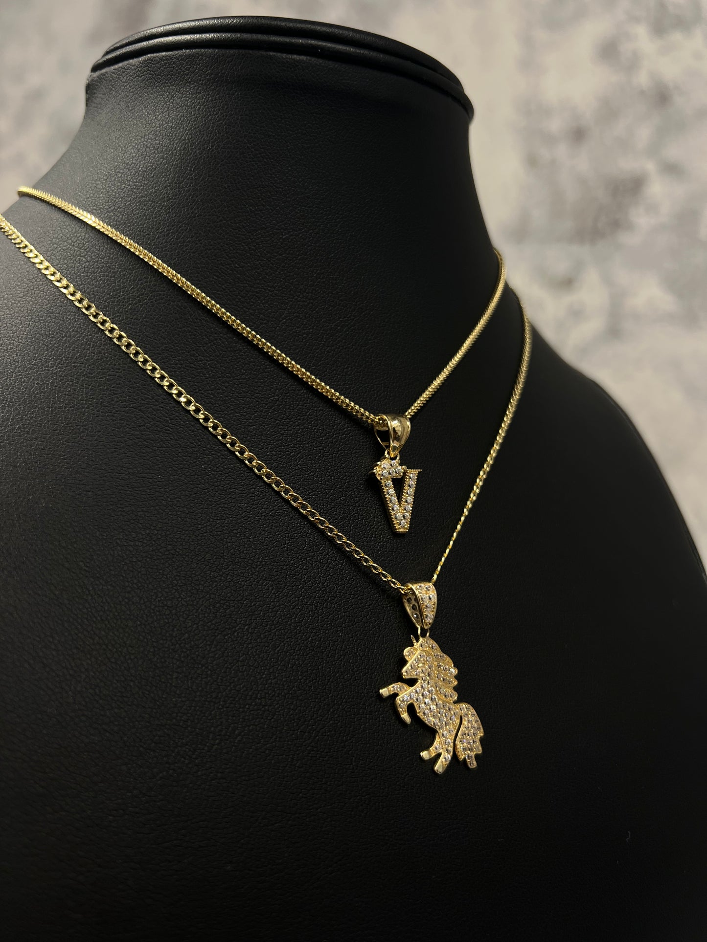 14K SET FRANCO CHAIN WITH INITIAL PENDANT & HOLLOW CUBAN CHAIN WITH HORSE PENDANT