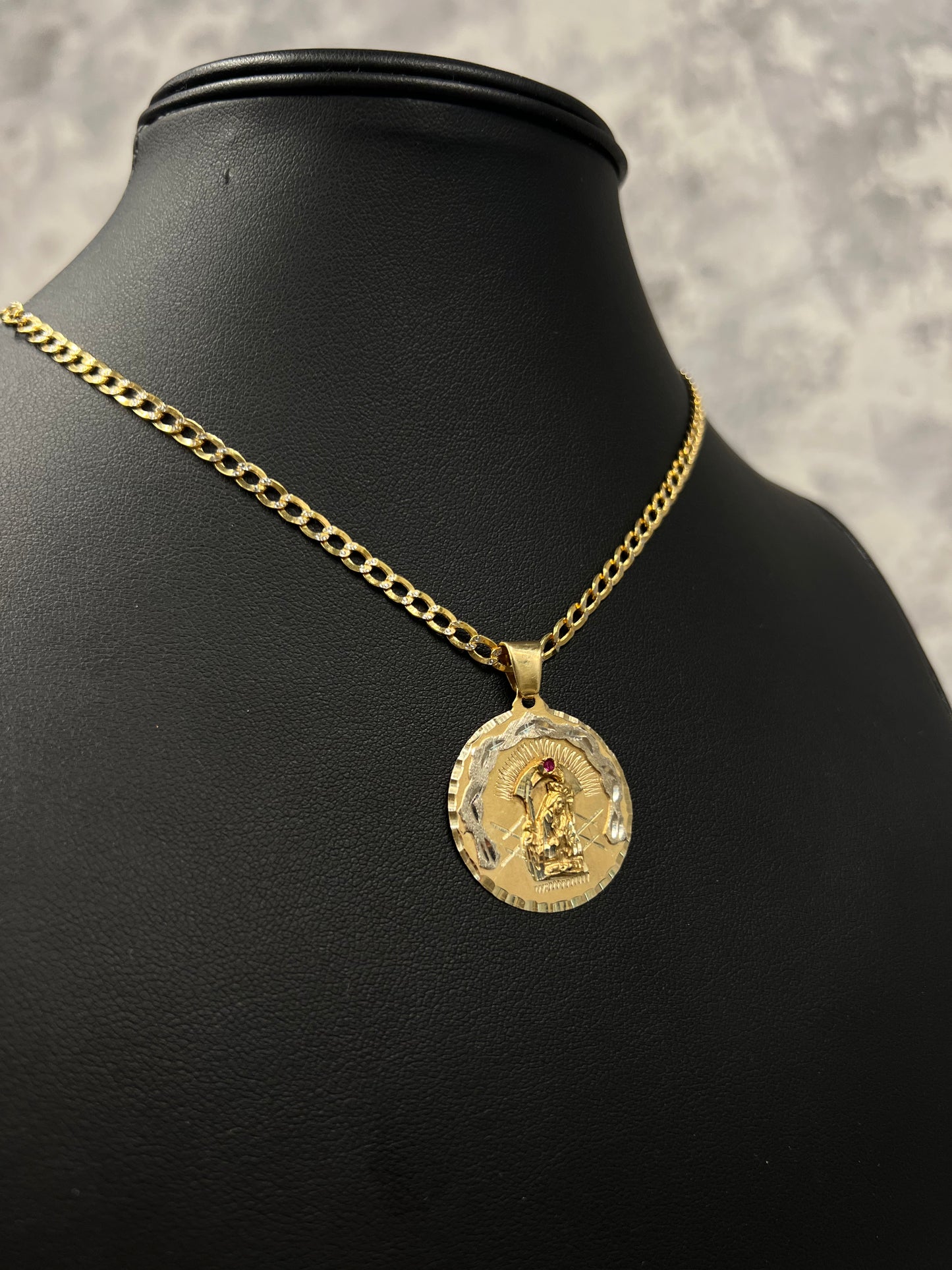 14K SEMI-SOLID CUBAN CHAIN “ TWO TONES” WITH VIRGEN PENDANT
