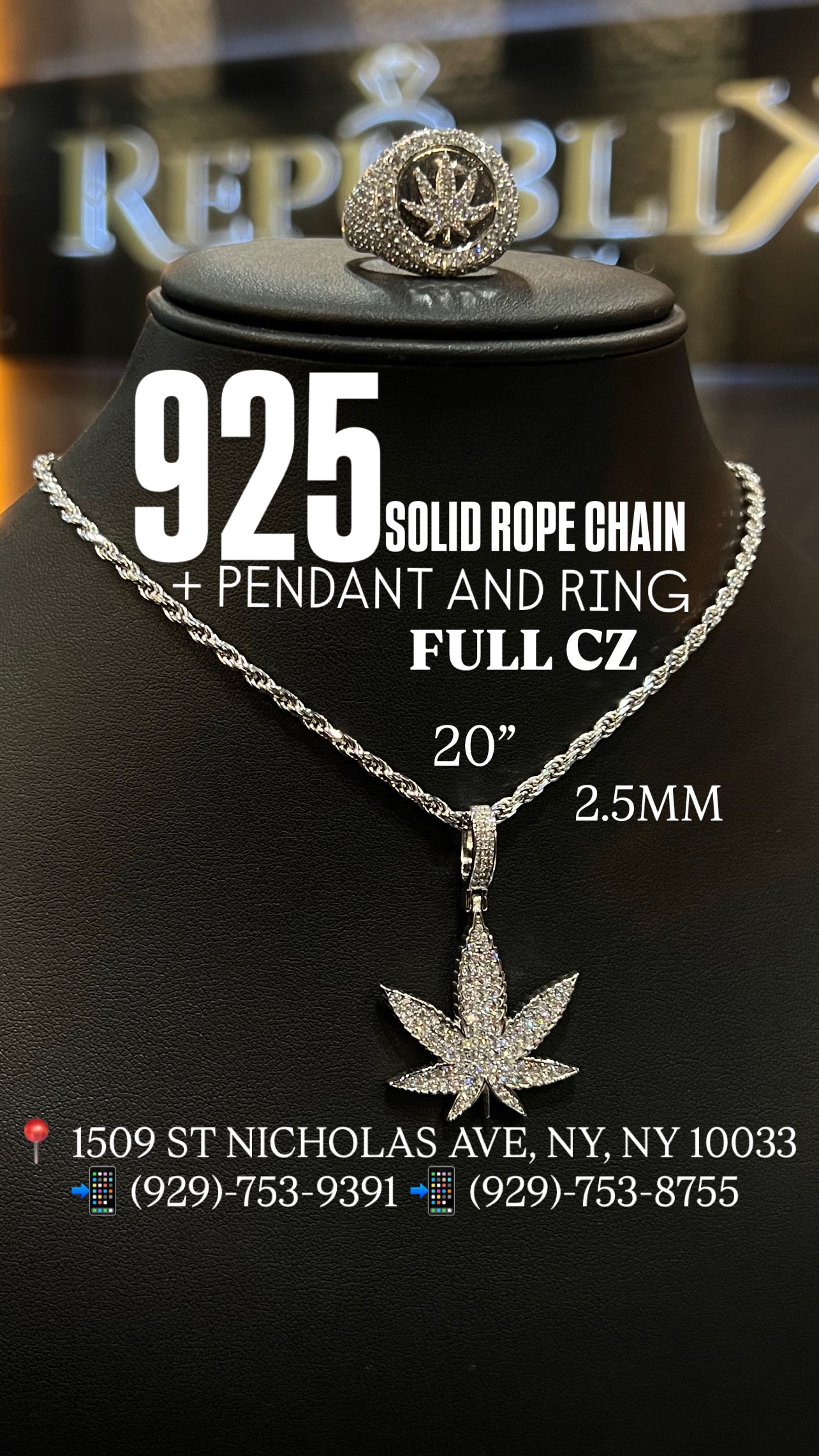 925 SOLID ROPE CHAIN WITH PENDANT AND RING