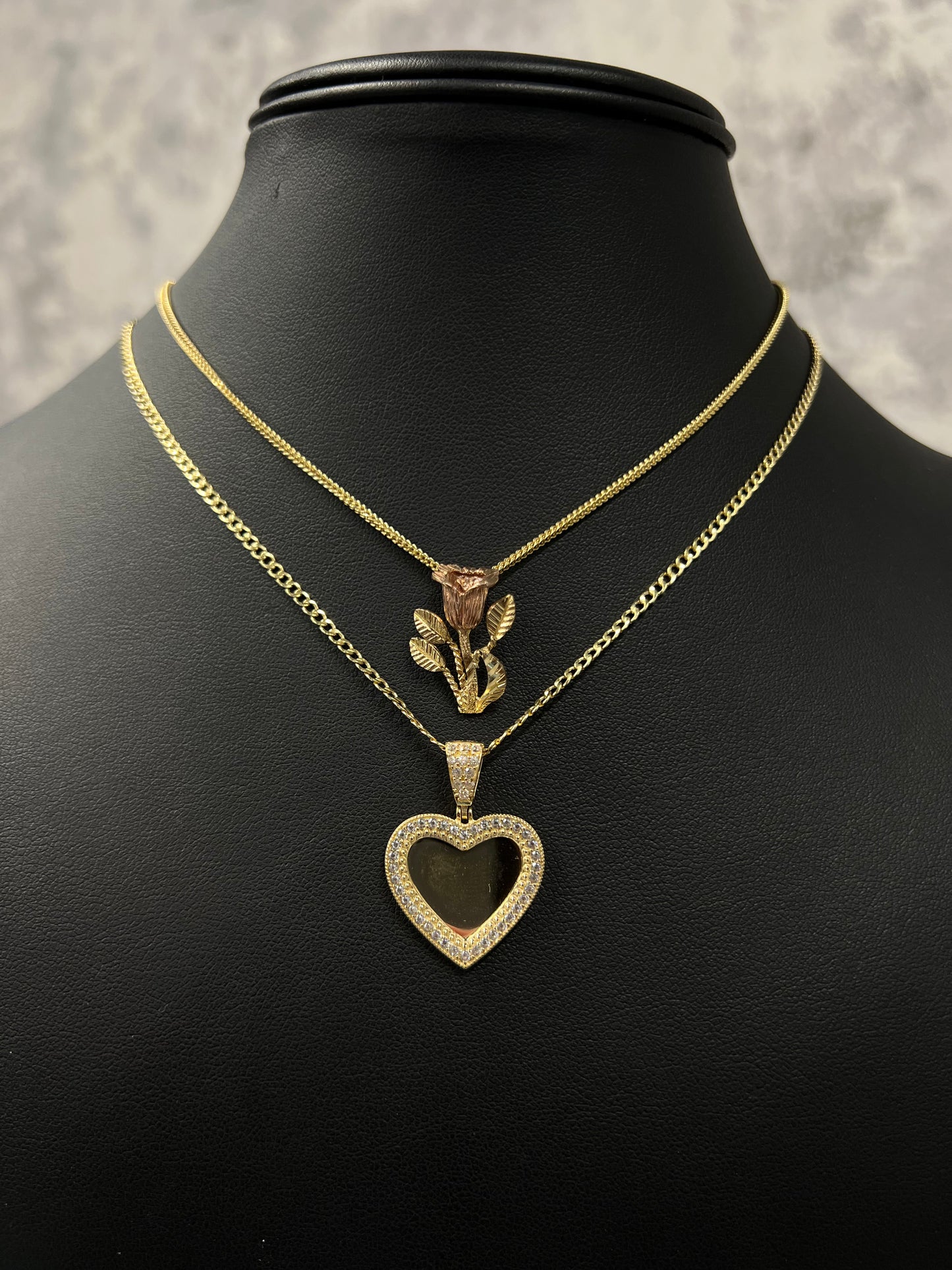 14K SET FRANCO CHAIN WITH ROSE PENDANT AND HOLLOW CUBAN CHAIN WITH HEART PICTURE PENDANT (4PCS)