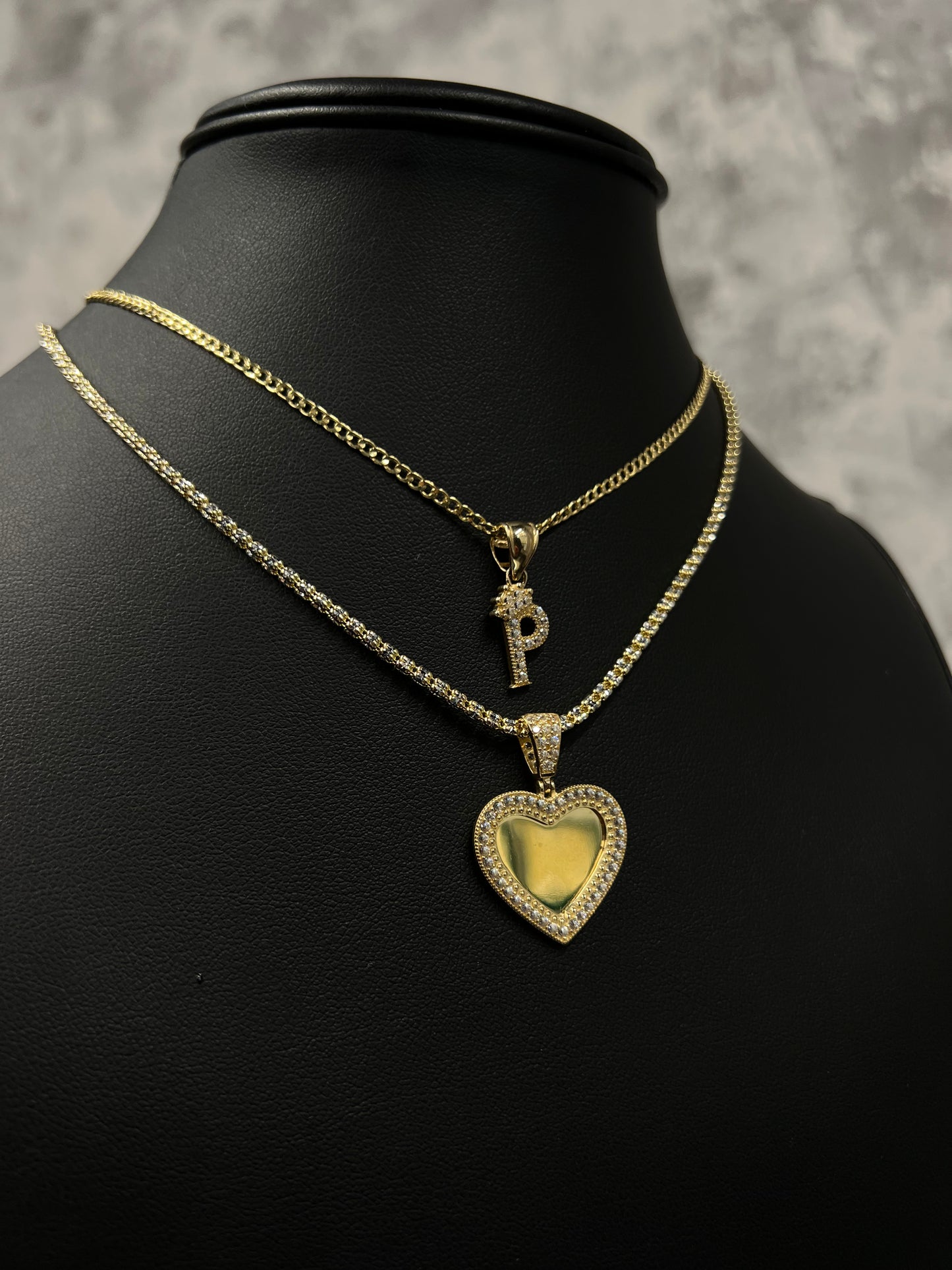 14K HOLLOW CUBAN CHAINS WITH INITIAL PENDANT AND ICE CHAIN WITH HEART PICTURE PENDANT