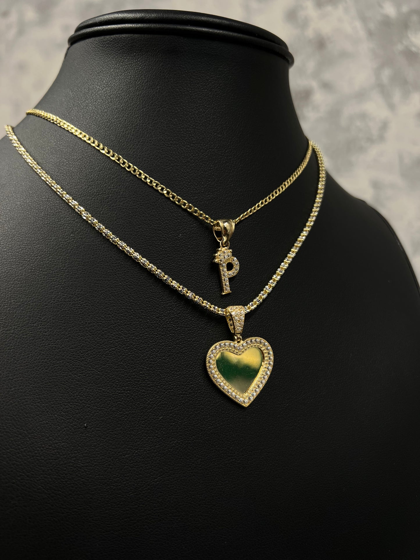 14K HOLLOW CUBAN CHAINS WITH INITIAL PENDANT AND ICE CHAIN WITH HEART PICTURE PENDANT