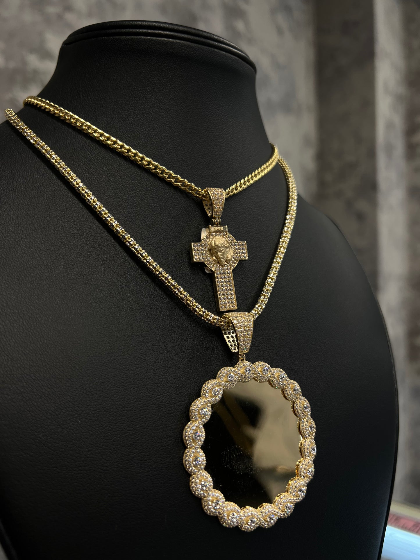 14K SET CUBAN CHAIN WITH CROSS PENDANT AND ICE CHAIN WITH PICTURE PENDANT AND RING “ FREE EARRINGS”.