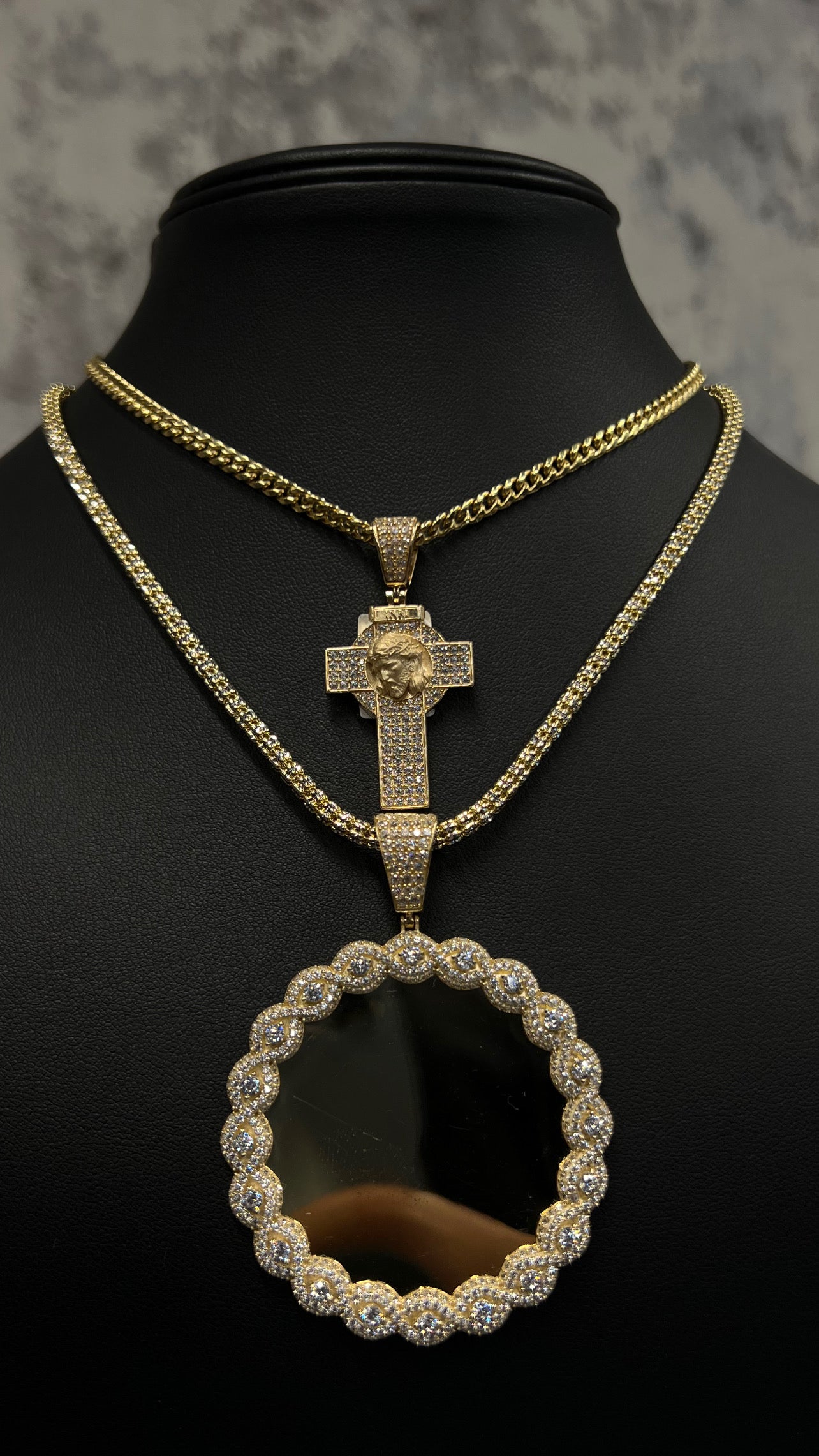 14K SET CUBAN CHAIN WITH CROSS PENDANT AND ICE CHAIN WITH PICTURE PENDANT AND RING “ FREE EARRINGS”.