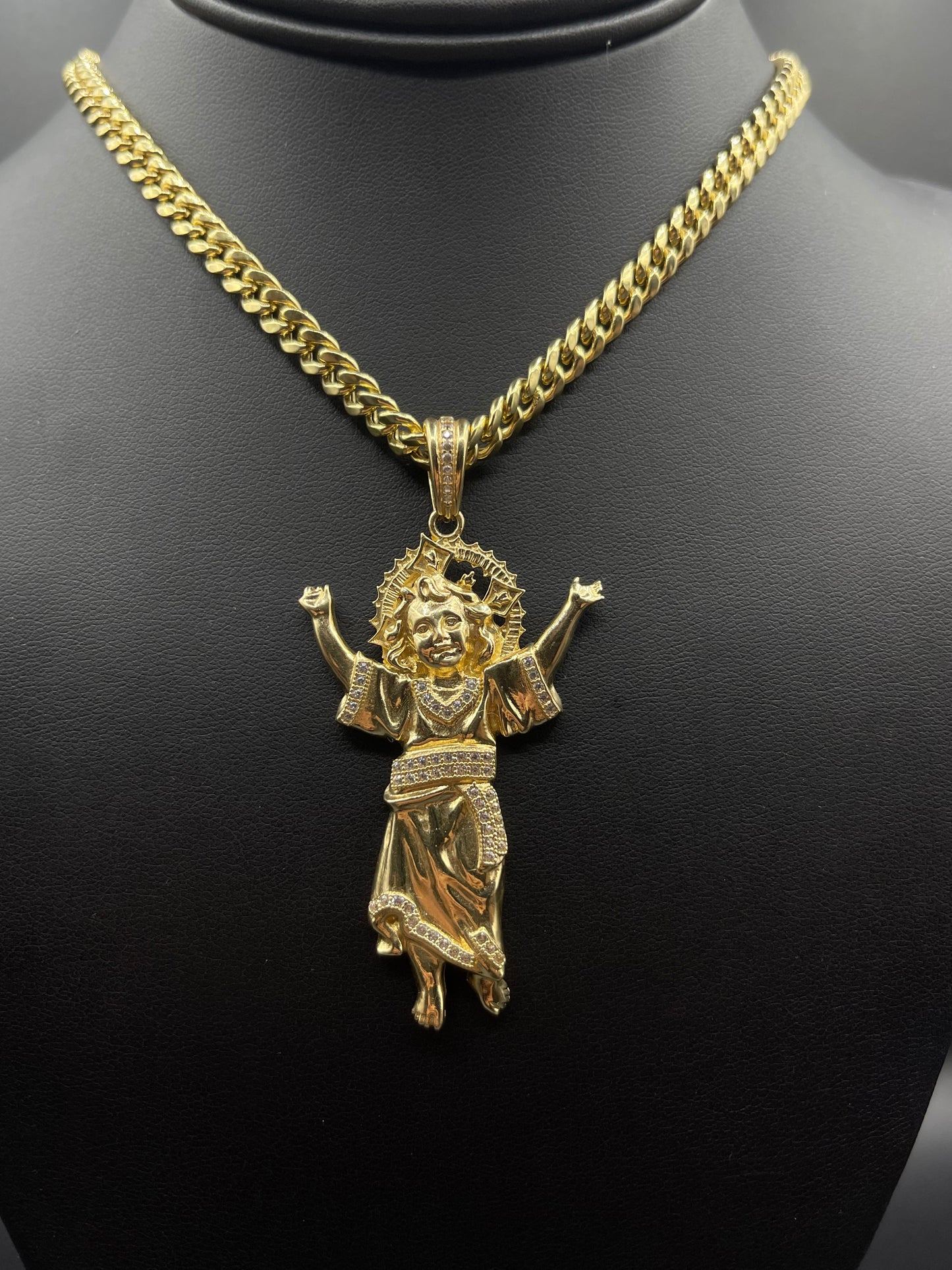 14K Semi Solid Miami Cuban Chain With Large Divino Nino