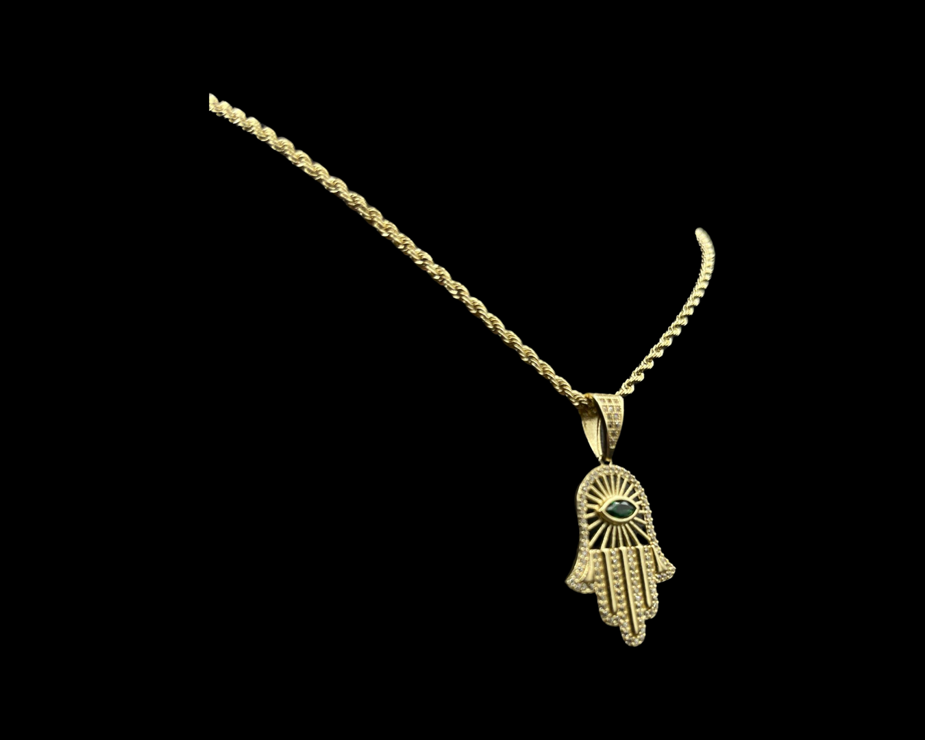 Rope Chain With Green CZ Hamsa Pendant