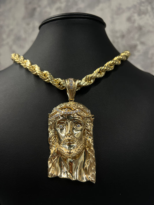 14K HOLLOW ROPE CHAIN WITH JESUS PENDANT