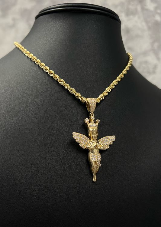 14K HOLLOW ROPE CHAIN WITH ANGEL PENDANT