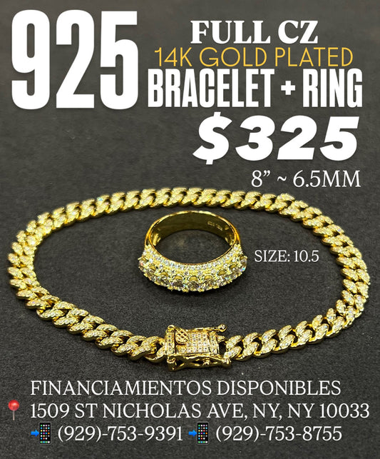 925 SOLID CUBAN BRACELET AND RING FULL CZ