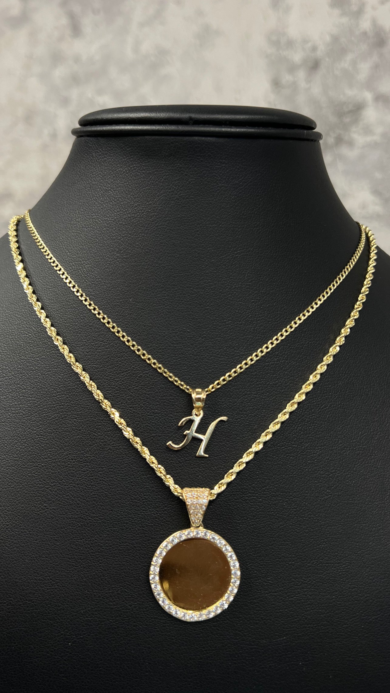 14K HOLLOW CUBAN CHAIN WITH INITIAL PENDANT AND HOLLOW ROPE CHAIN WITH PICTURE PENDANT