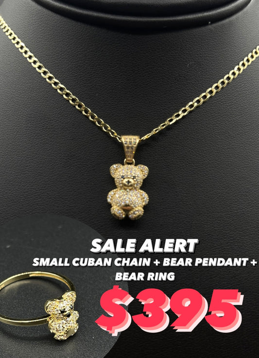 16" Solid Cuban Chain with Bear Pendant and Ring SET