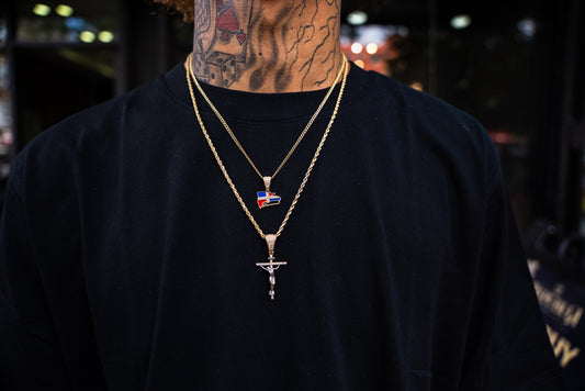 14K HOLLOW ROPE AND CUBAN CHAIN WITH RD AND CROSS PENDANT