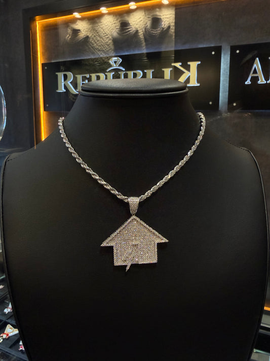 925 TRAP HOUSE PENDANT + SOLID ROOE CHAIN WHITE GOLDPLATED