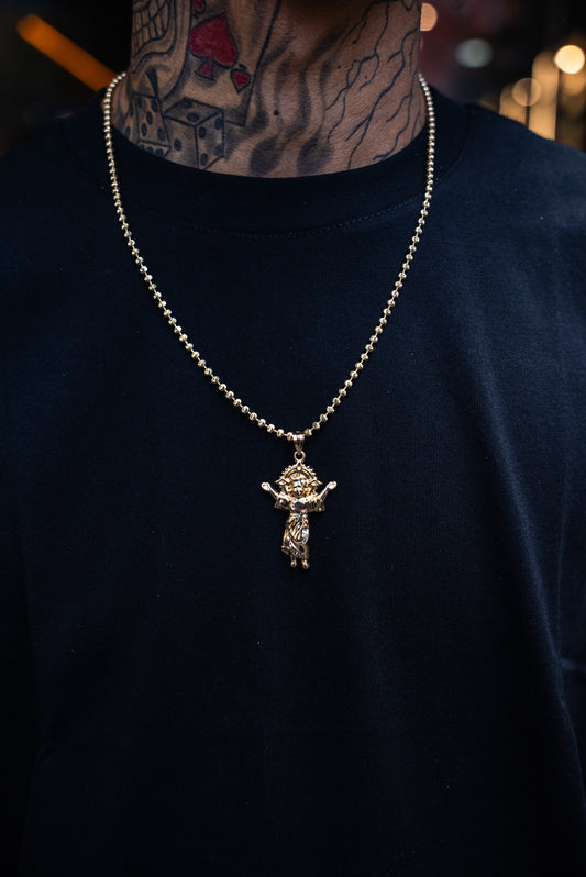 14K MOON CUT CHAIN AND BABY JESUS PENDANT
