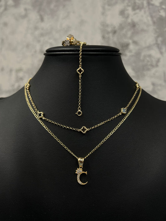 14K HOLLOW CUBAN CHAIN + CHOKER AND BRACELET BLACK TREBOL +LUXURY RING  AND CUBIC INITIAL PENDANT