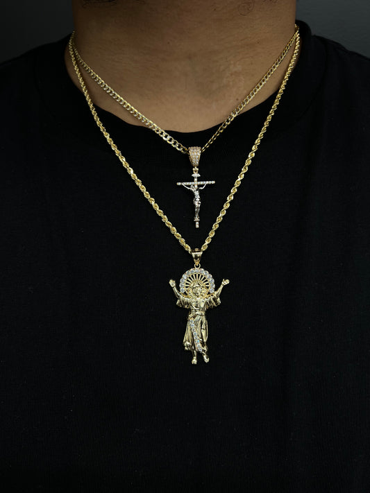 14k HOLLOW CUBAN WITH CROSS PENDANT + HOLLOW ROPE CHAIN WITH DIVINO NIÑO PENDANT