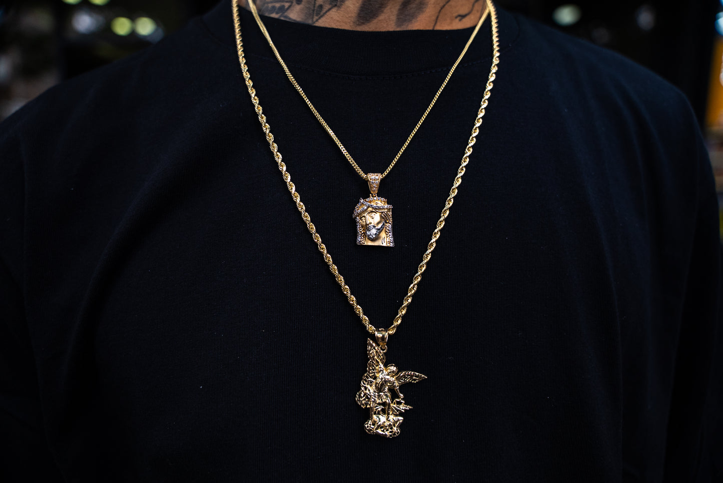 14K HOLLOW ROPE CHAIN + SAN MIGUEL PENDANT WITH HOLLOW FRANCO + JESUS PENDANT