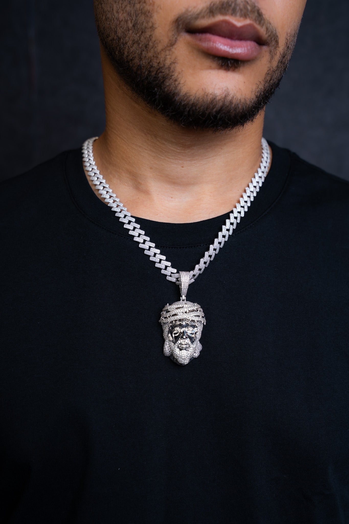 925 JESUS FACE PENDANT AND FULL CZ CHAIN