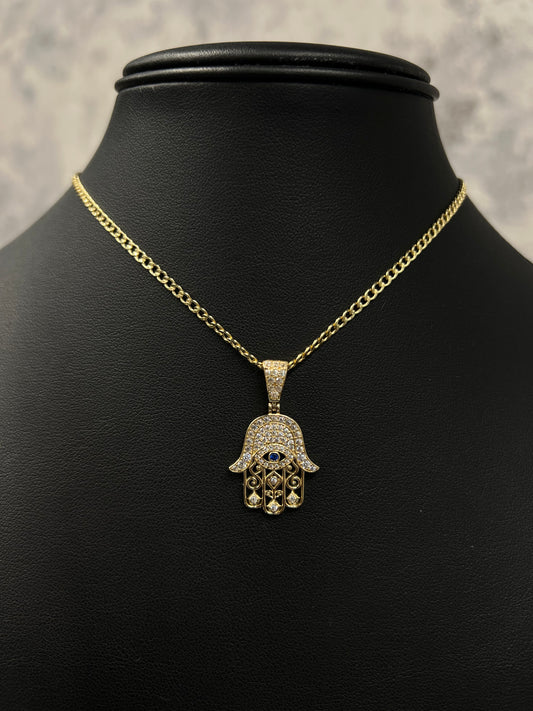 14k HOLLOW CUABAN CHAIN WITH HAMSA PENDANT